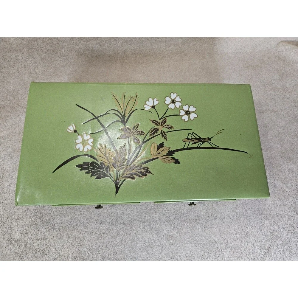 Vintage Cardboard/Leather-like Jewelry Box Green w/Tree 1960's Trinket 2 Drawers